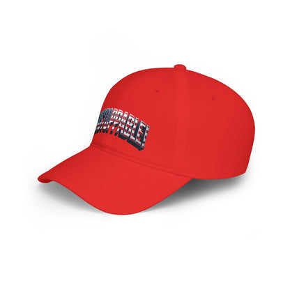 A red baseball cap with a curved brim, featuring a stylized 'UNSTOPPABLE!' text graphic on the side in an American flag pattern of red, white, and blue, set against a clean white background.