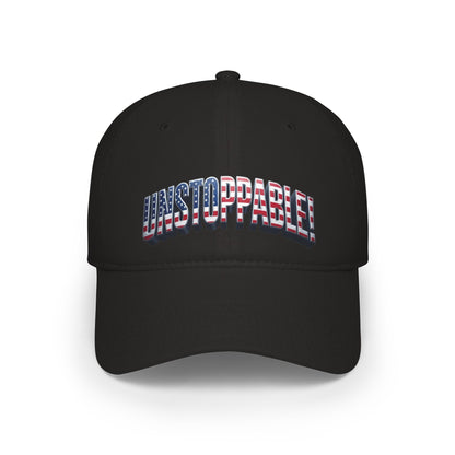 A black baseball cap featuring the word 'UNSTOPPABLE!' across the front with an American flag pattern of red, white, and blue.