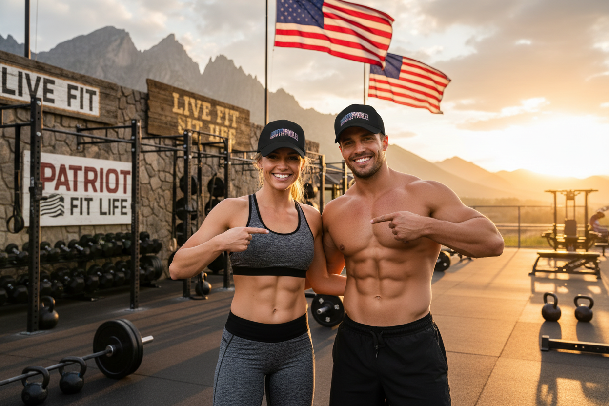 A smiling man and woman pose together in an outdoor gym at sunset, both wearing black caps with a visible 'UNSTOPPABLE!' logo. The background features a stone wall, weight racks, dumbbells, kettlebells, and American flags against mountains at golden hour.