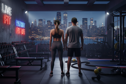 A man and a woman standing in an outdoor gym, facing a city skyline at dusk. The gym has weight racks, benches, kettlebells, and neon fitness wall signs.