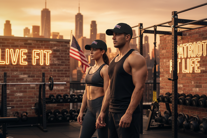A man and a woman in athletic wear stand in a gym at sunset, with brick walls, neon lighting, dumbbells, kettlebells, and a city skyline in the background.