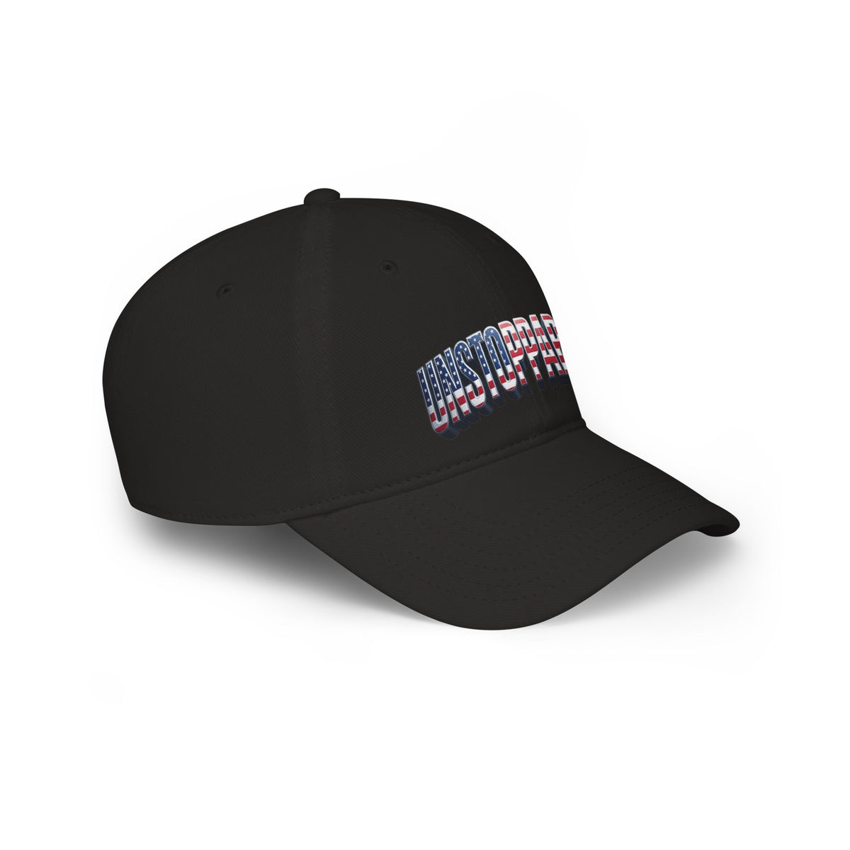 The side view of a black cap with the UNSTOPPABLE! logo against a clean white background.