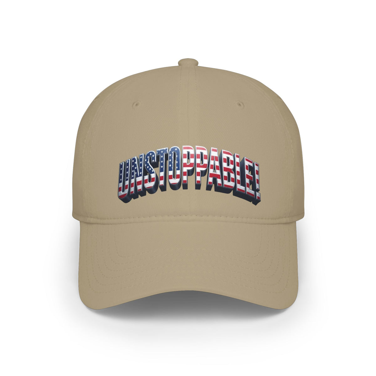 A khaki baseball cap featuring the word 'UNSTOPPABLE' across the front in an arched font filled with an American flag pattern of red, white, and blue, with a dark shadow effect.