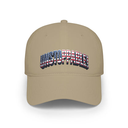 A khaki baseball cap featuring the word 'UNSTOPPABLE' across the front in an arched font filled with an American flag pattern of red, white, and blue, with a dark shadow effect.