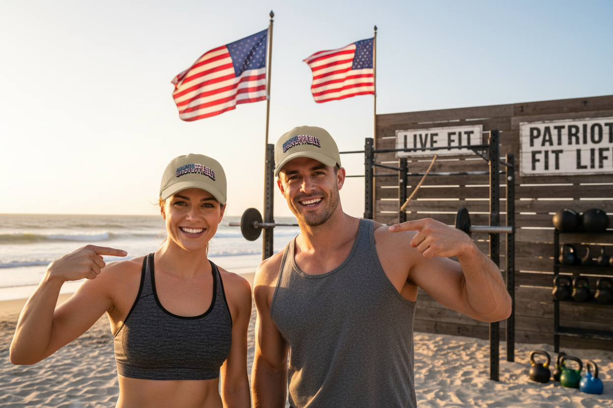 A smiling man and woman pose together on a beach at sunset, both wearing beige athletic caps with a visible 'UNSTOPPABLE!' logo. The man wears a gray tank top, and the woman wears a dark gray sports bra.