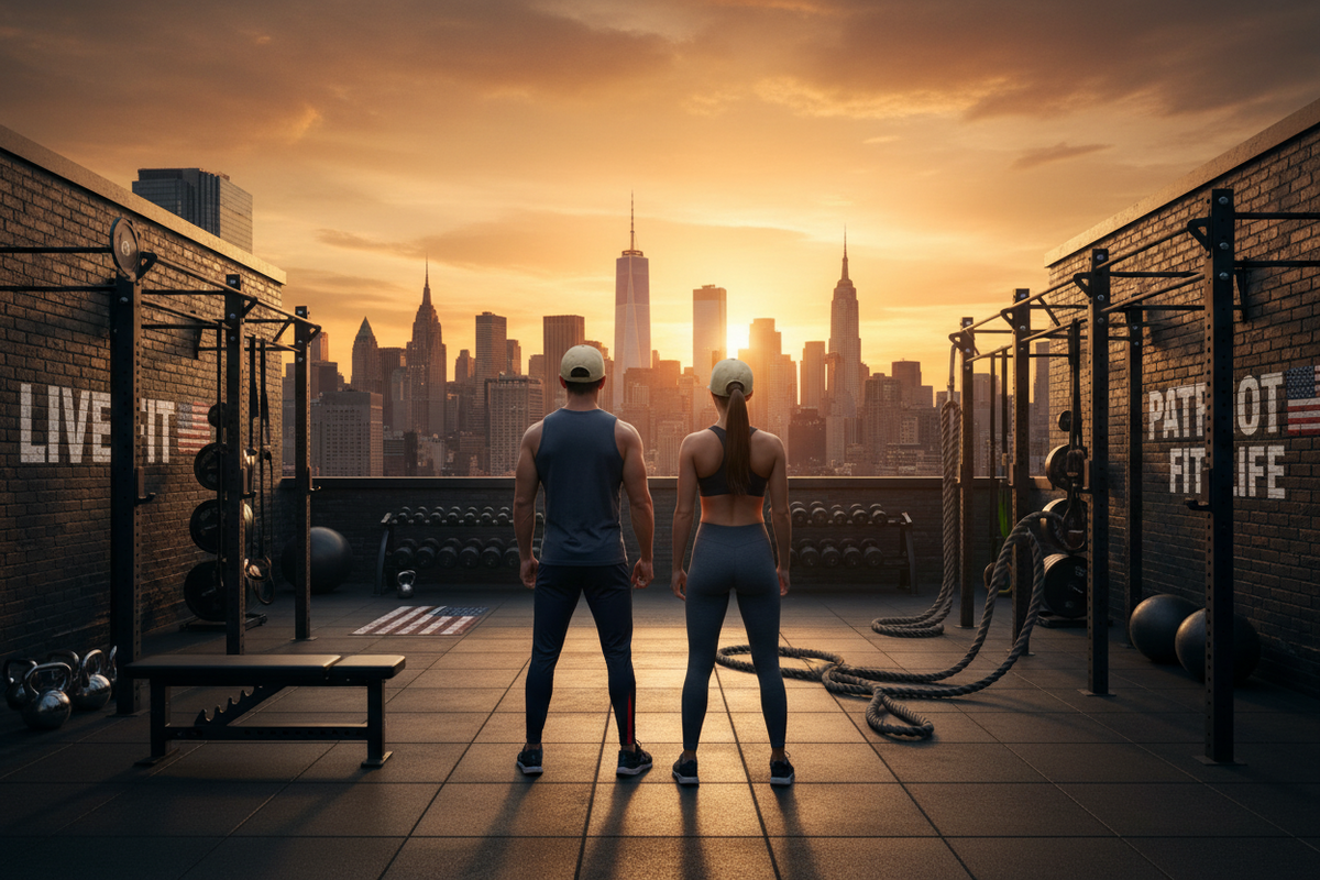 Two fitness enthusiasts seen from behind standing on a rooftop gym floor at sunset, looking out over a city skyline. The scene includes exercise equipment, ropes, a bench, and brick walls with motivational text like 'LIVE FIT' and 'PATRIOT FIT LIFE'.