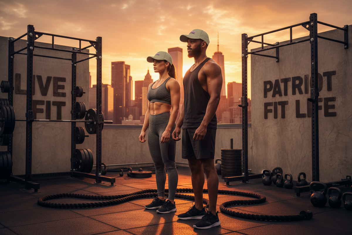 A man and a woman in athletic wear stand on a rooftop gym floor at sunset, with weight racks, battle ropes, kettlebells, and a city skyline behind them. Large wall text reads 'LIVE FIT' and 'PATRIOT FIT LIFE'.