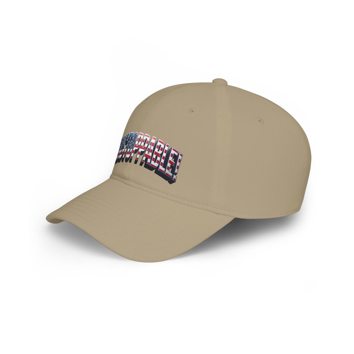 A khaki baseball cap with a curved brim, featuring a front patch that reads 'UNSTOPPABLE!' in a stylized font filled with an American flag pattern. The cap is photographed on a clean white background with a soft shadow.
