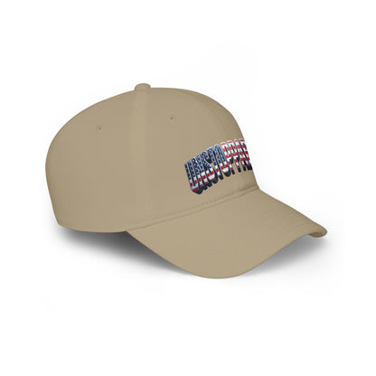 A khaki baseball cap with a curved brim, featuring a small graphic on the front panel that reads 'UNSTOPPABLE!' in a stylized American flag pattern.