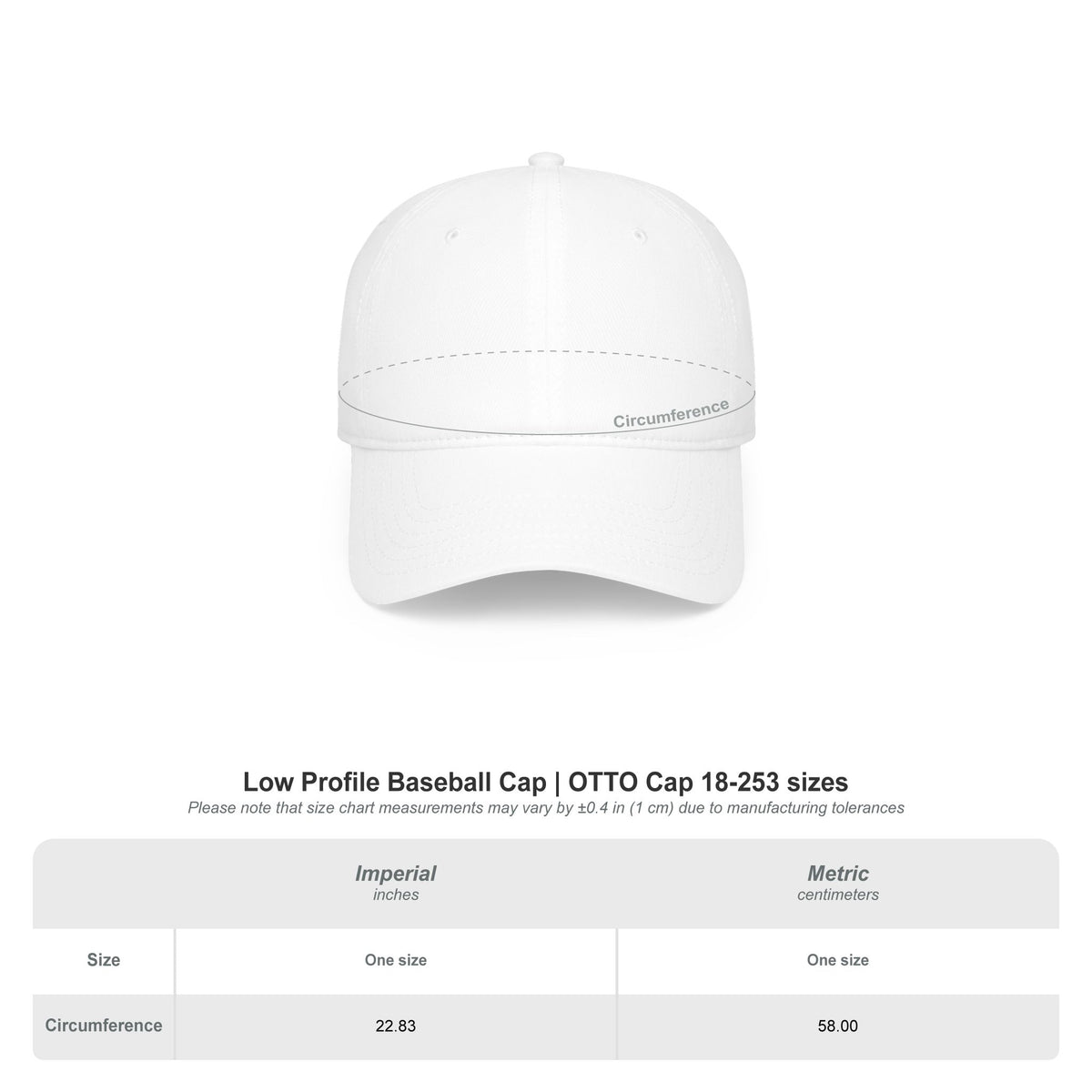White baseball cap on a white background with size chart below.