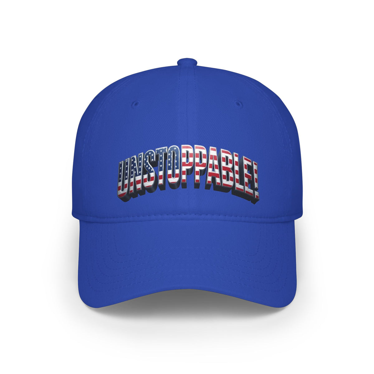 A royal blue baseball cap featuring the word 'UNSTOPPABLE' in arched collegiate lettering with an American flag pattern (red, white, and blue) and a dark shadow effect, shown on a clean white background.