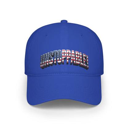 A royal blue baseball cap featuring the word 'UNSTOPPABLE' in arched collegiate lettering with an American flag pattern (red, white, and blue) and a dark shadow effect, shown on a clean white background.