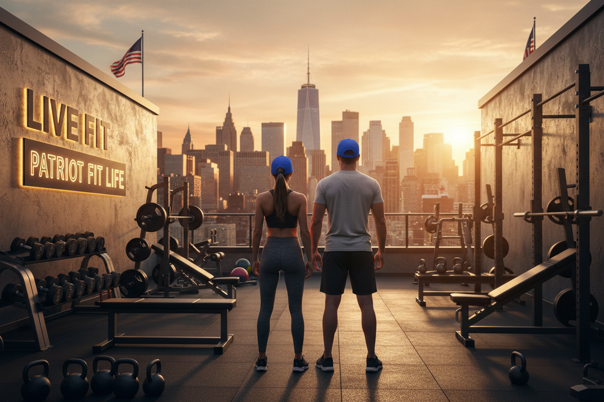 A man and a woman stand on a rooftop gym overlooking a city skyline at sunset. The scene includes weight machines, dumbbells, kettlebells, and a wall sign reading 'LIVE FIT and PATRIOT FIT LIFE'.