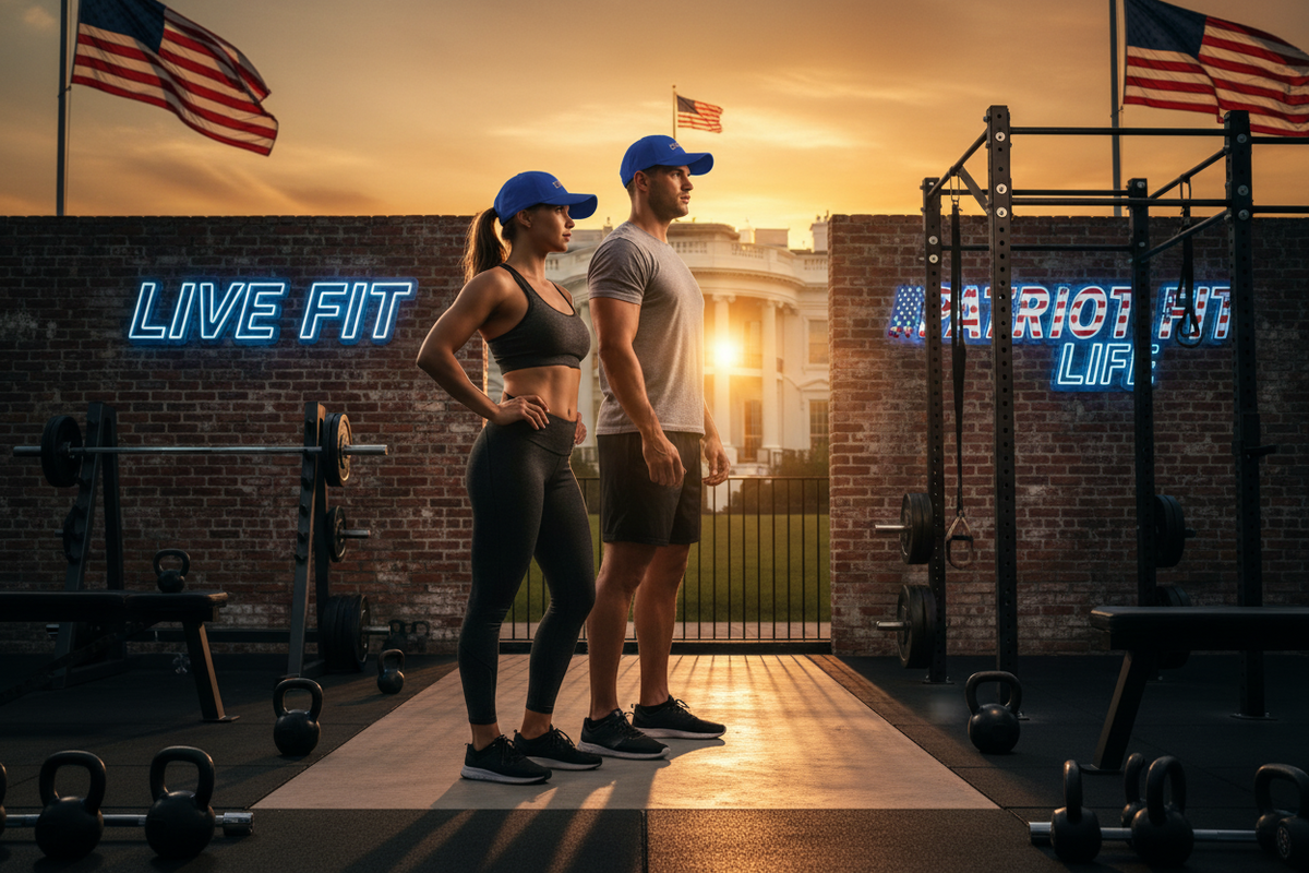 A man and a woman in athletic wear stand on a weightlifting platform in a gym at sunset, with brick walls, neon signs, kettlebells, and American flags in the background.
