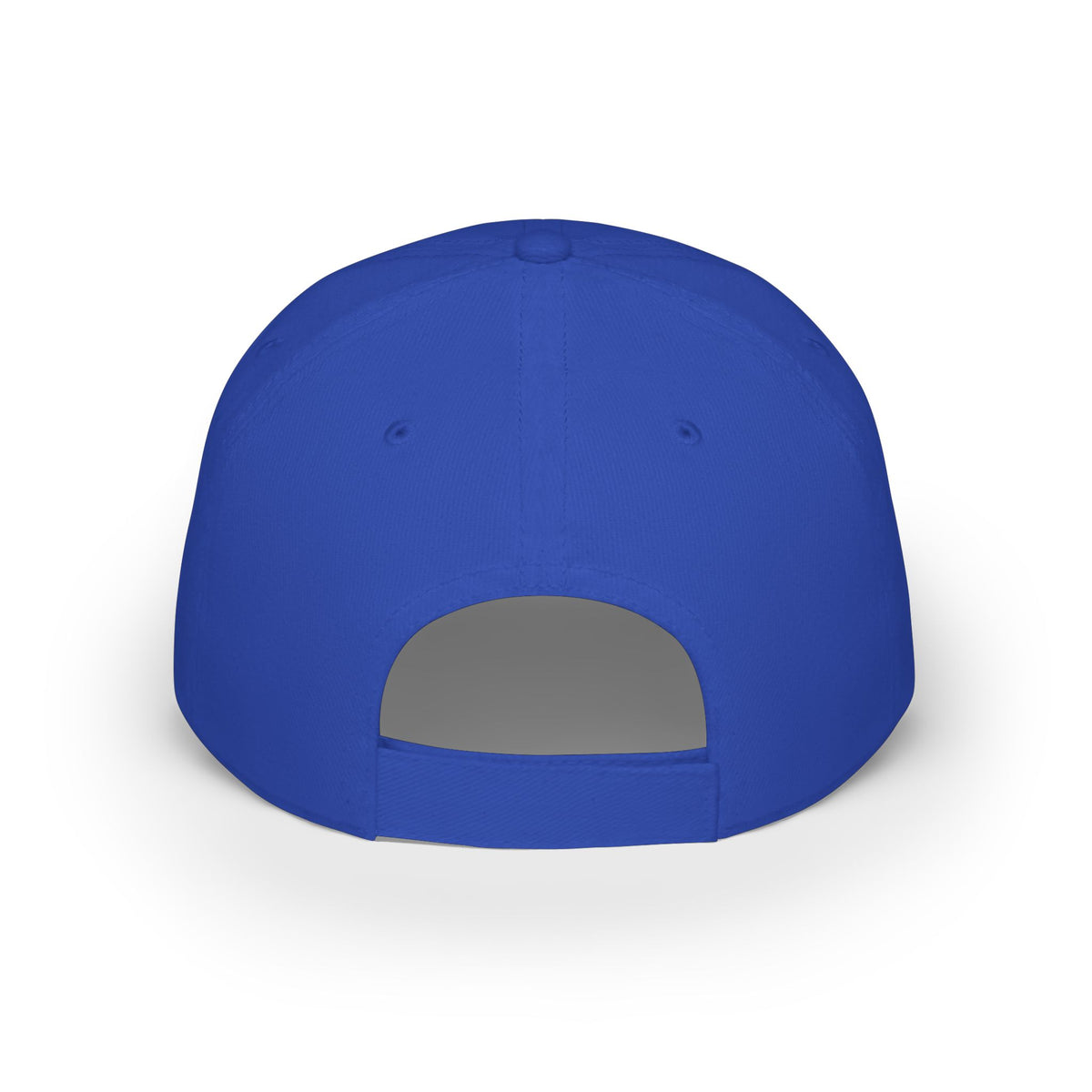 Blue baseball cap view from behind against a clean white background.