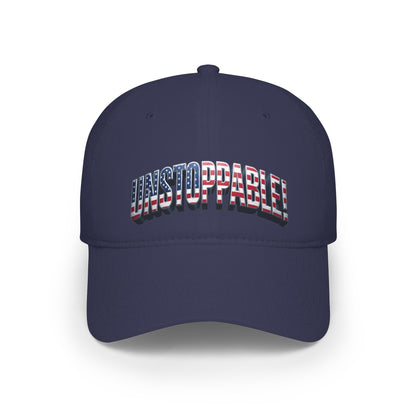 A navy blue baseball cap featuring the word 'UNSTOPPABLE' across the front in an arched collegiate font, filled with an American flag pattern of red, white, and blue stripes.