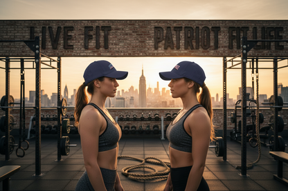 Two women standing on a rooftop gym at sunset, facing each other, wearing matching dark gray sports bras and navy blue caps that say UNSTOPPABLE!. The background shows a city skyline with a large brick sign reading 'LIVE FIT PATRIOT FIT LIFE.'