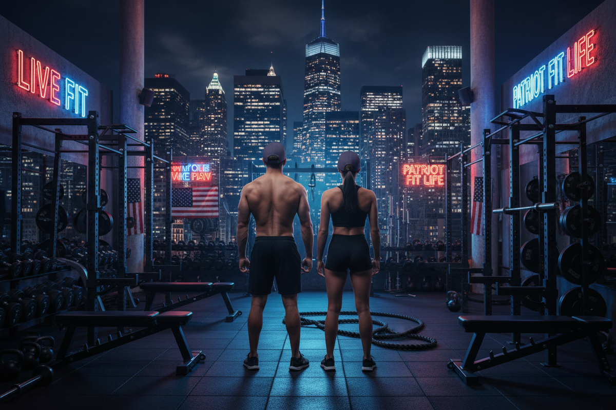 Two people standing in a gym with weight machines and city skyline at night in the background. Neon signs read 'LIVE FIT' and 'PATRIOT FIT LIFE'.