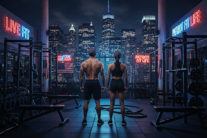 Two people standing in a gym with weight machines and city skyline at night in the background. Neon signs read 'LIVE FIT' and 'PATRIOT FIT LIFE'.