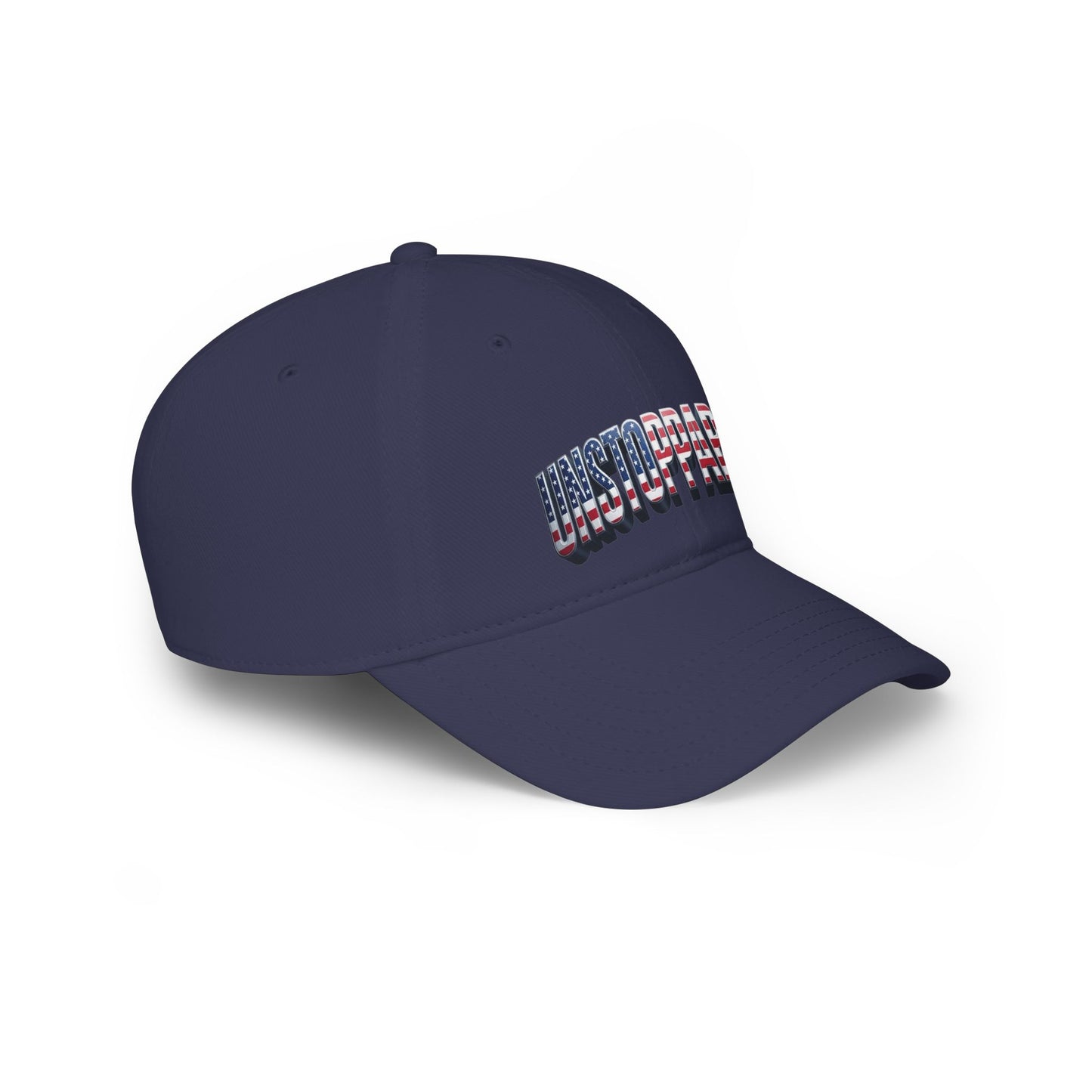 Navy blue hat side view with an UNSTOPPABLE! logo against a clean white background.