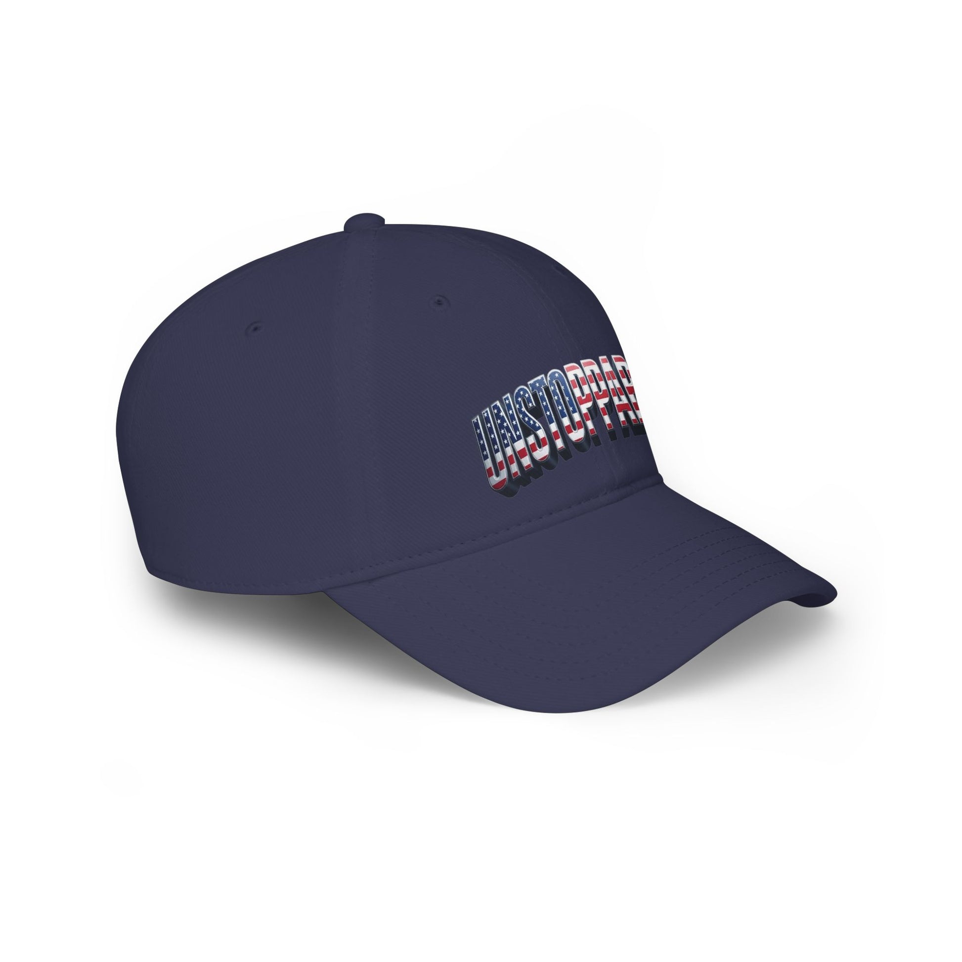 Navy blue hat side view with an UNSTOPPABLE! logo against a clean white background.