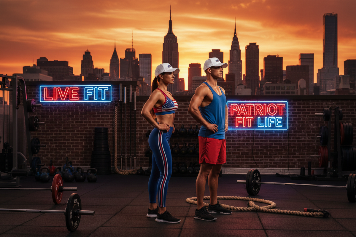 Two fitness enthusiasts standing on a rooftop gym floor at sunset, with a city skyline in the background. One wears a blue and red sports bra and matching blue leggings with red and white stripes, and the other wears a blue tank top and red shorts.