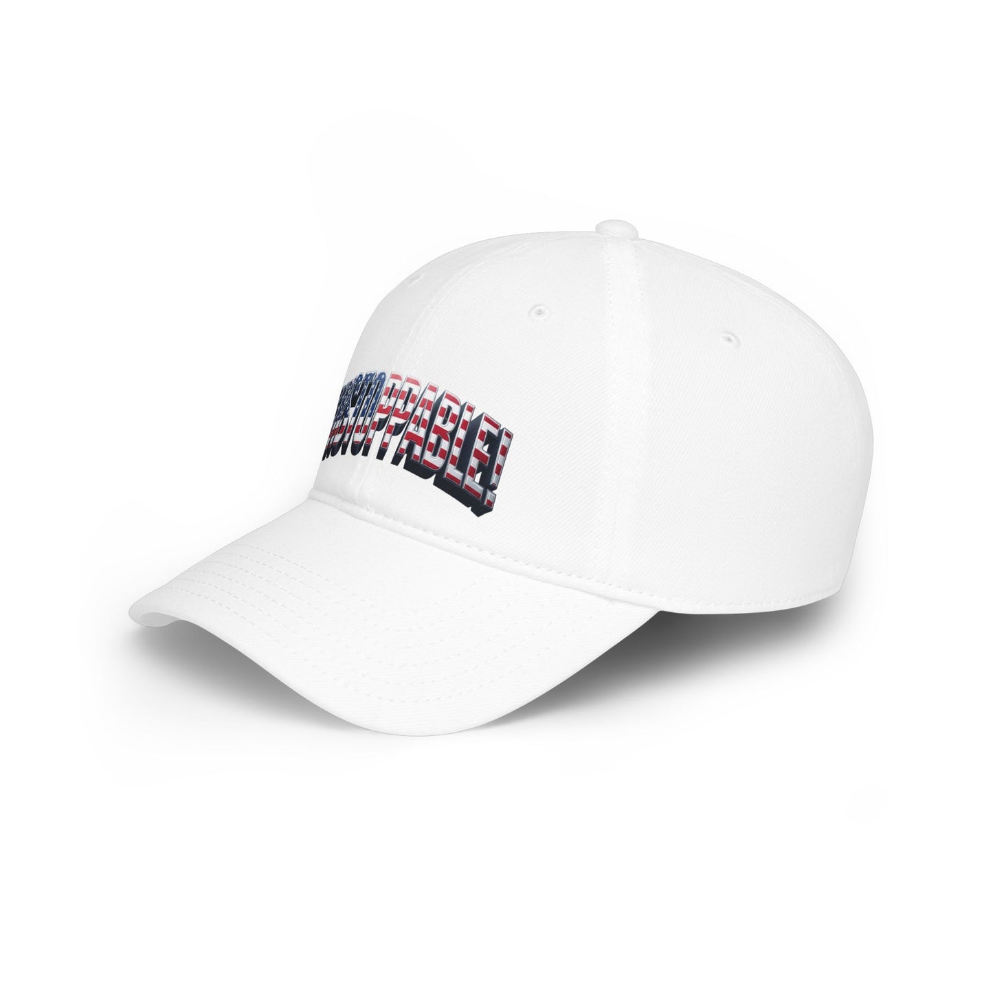A side view on a white baseball cap with a curved brim, featuring a stylized logo on the front that reads 'UNSTOPPABLE!' in a pattern resembling the American flag, set against a clean white background.