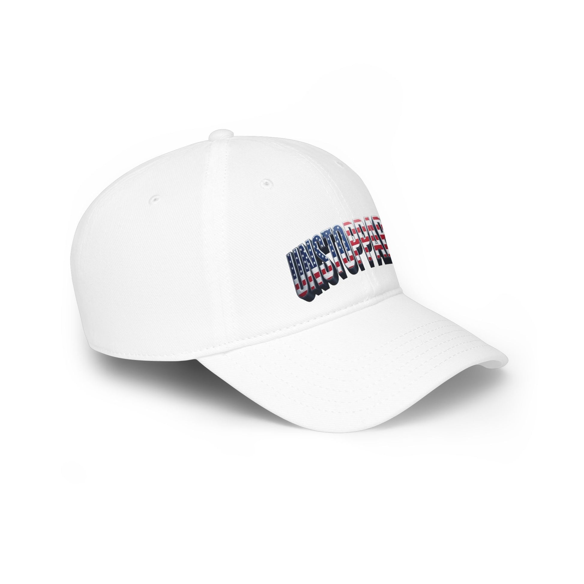 A white baseball cap with a curved brim, featuring a stylized logo on the front that reads 'UNSTOPPABLE!' in red, white, and blue lettering, set against a clean white background.