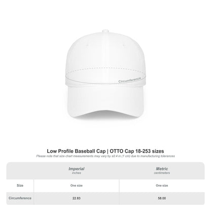 White baseball cap on a white background with size chart below.