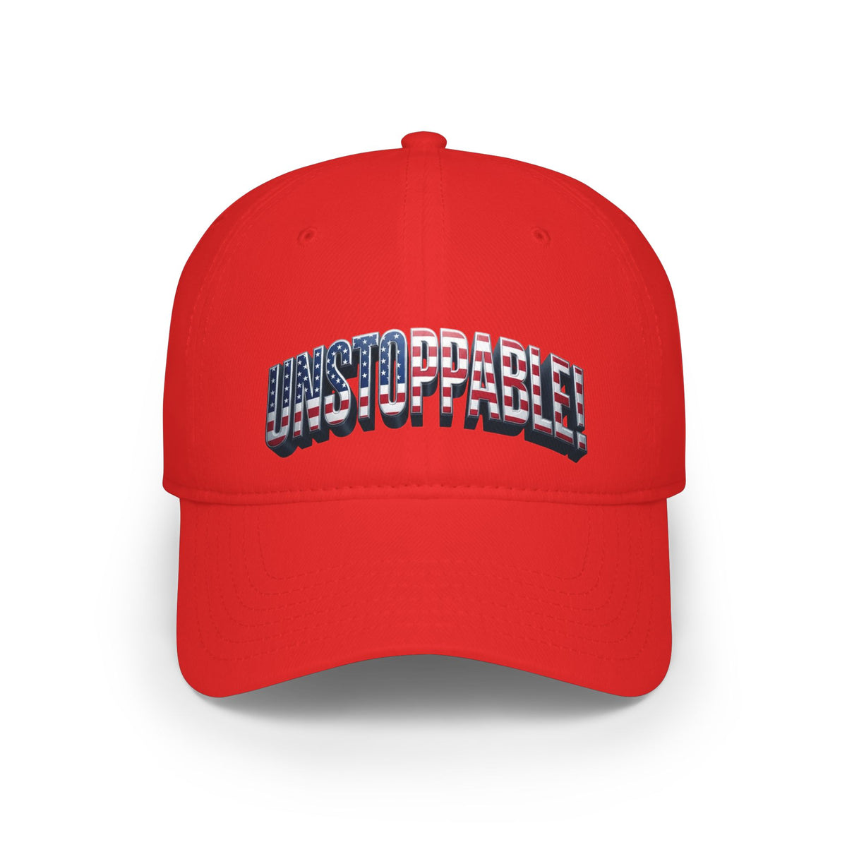 A bright red baseball cap featuring the word 'UNSTOPPABLE' in arched varsity-style lettering across the front. The letters are filled with an American flag pattern of red, white, and blue.