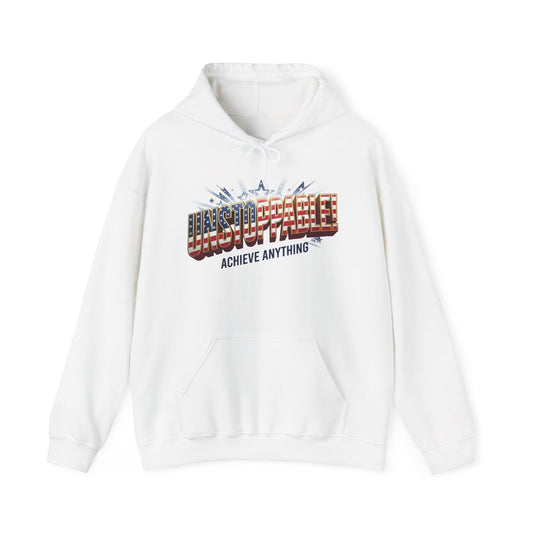 A white pullover hoodie with a graphic on the chest that reads 'UNSTOPPABLE!' in an American flag pattern and 'ACHIEVE ANYTHING' underneath, displayed on a clean white background.