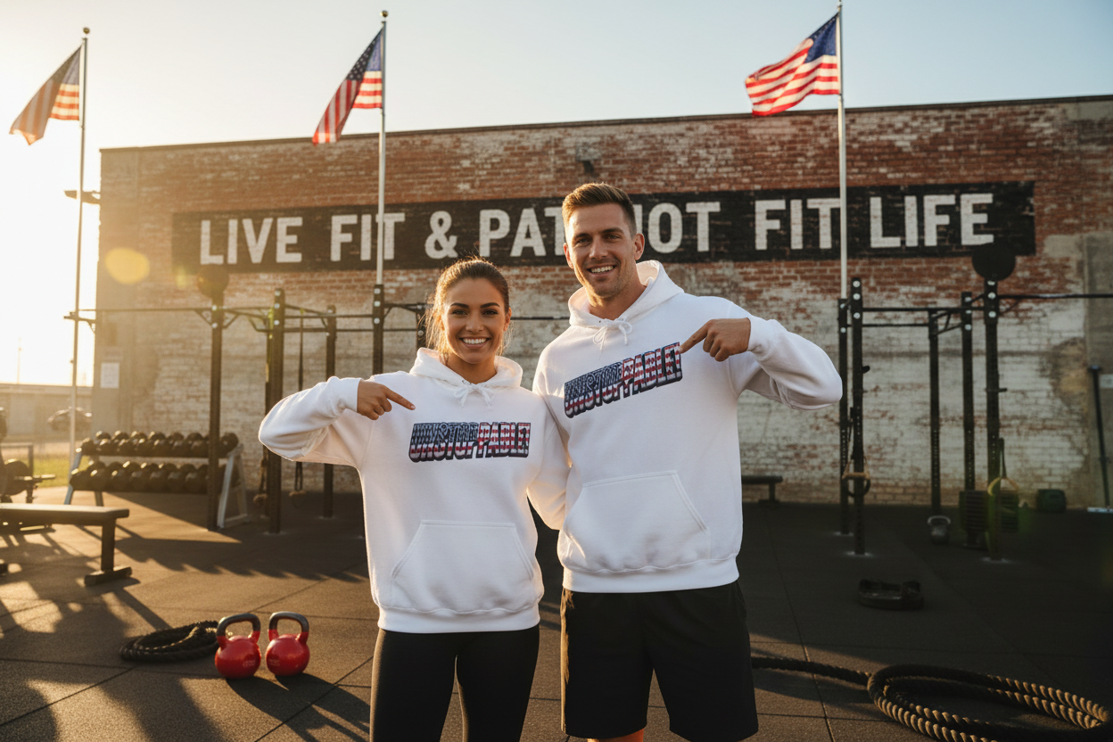 A man and a woman are standing in an outside gym, both wearing white hoodies with a patriotic UNSTOPPABLE! American flag graphic across the chest. They are pointing at their respective hoodies.