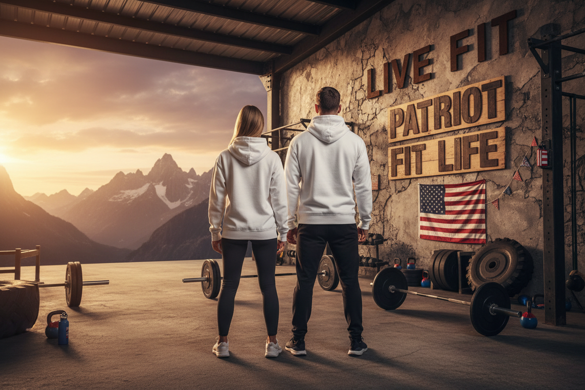 A man and a woman stand with their backs to the camera in a rustic gym, wearing matching white hoodies. The background features a large wall with the text 'LIVE FIT PATRIOT FIT LIFE' and an American flag, with mountains visible in the distance under a sunset sky.