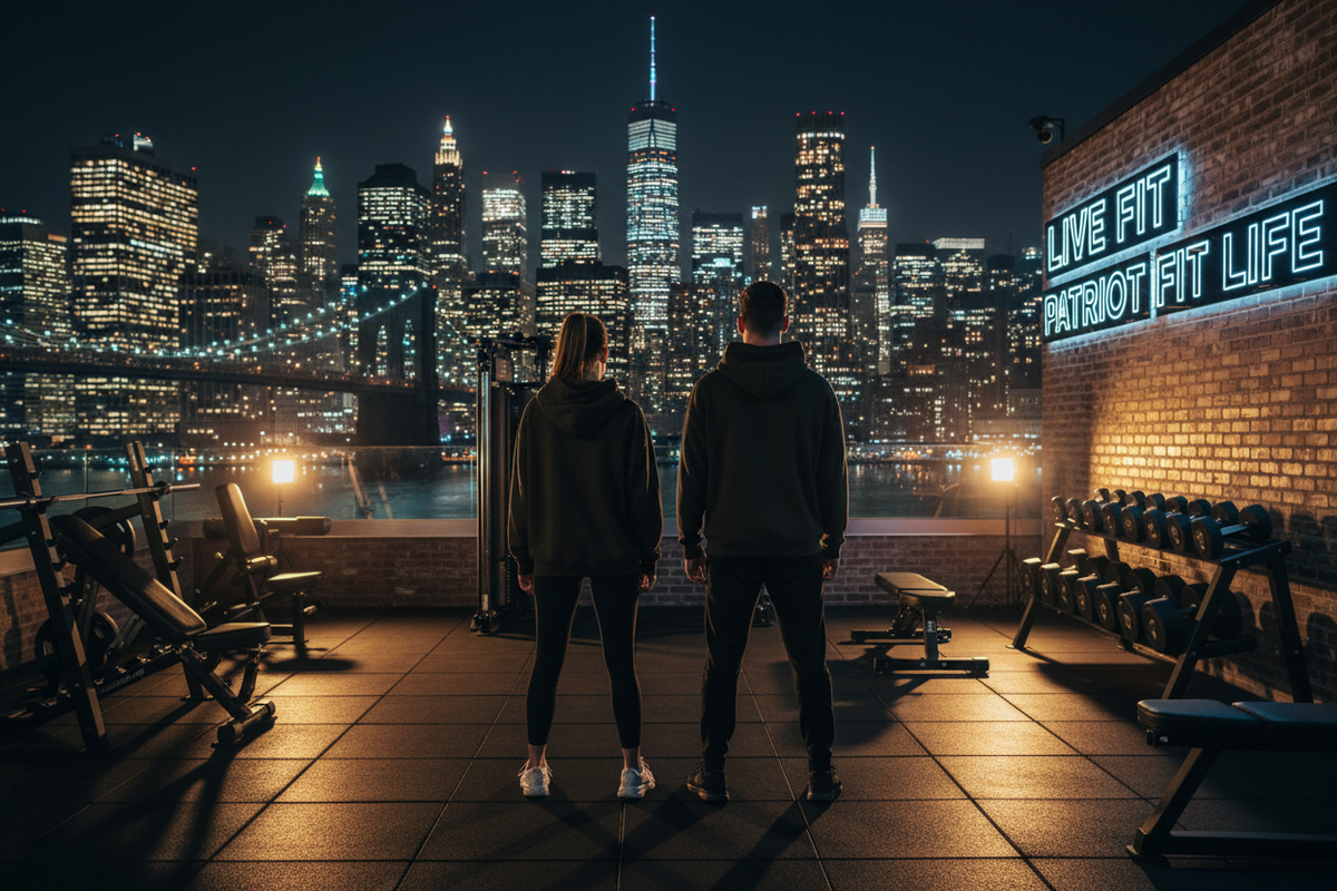Two people standing on a rooftop gym overlooking a nighttime city skyline, with weight machines, a brick wall, a neon sign reading 'LIVE FIT PATRIOT FIT LIFE,' and dark clothing.