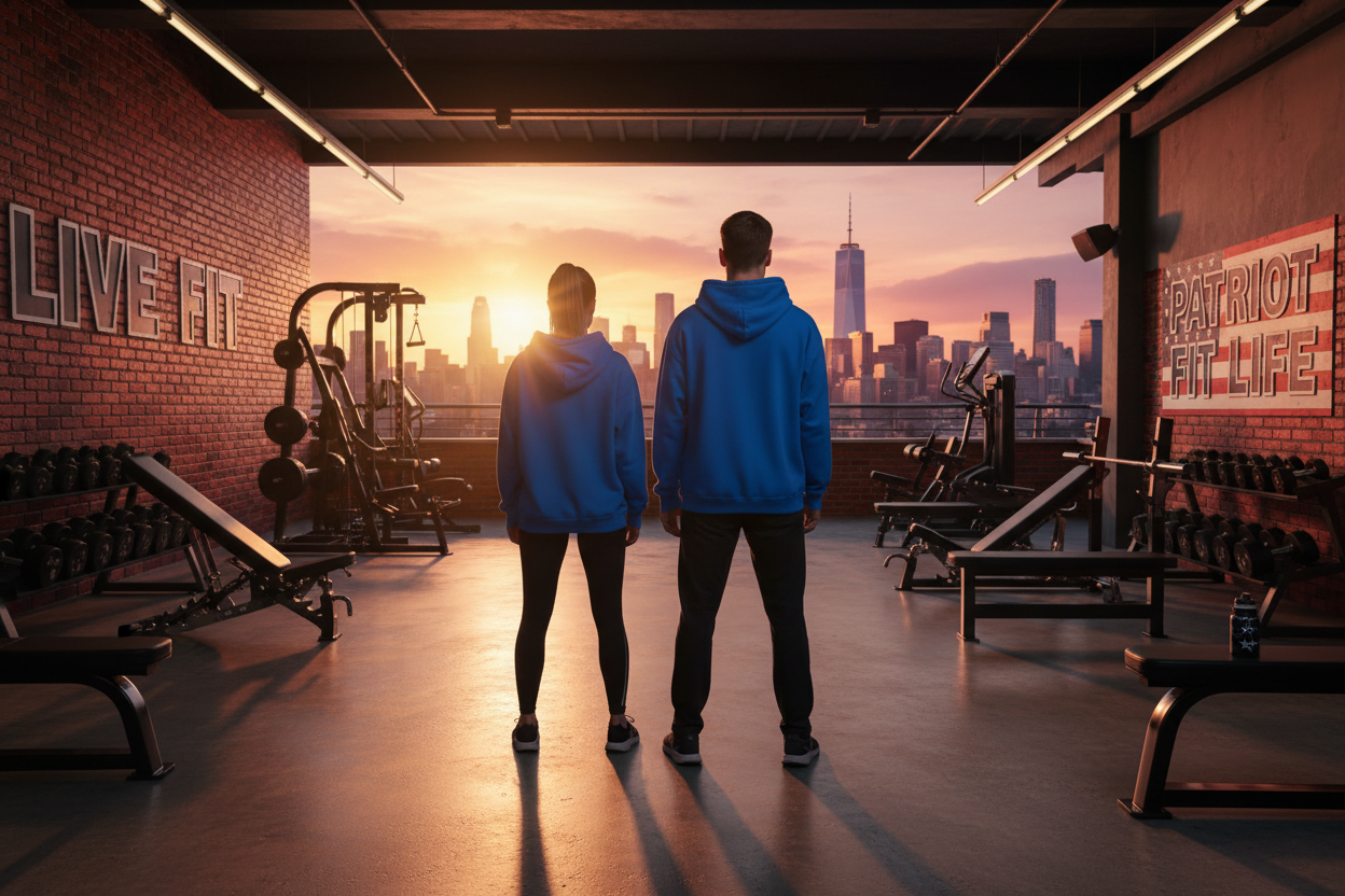 Two people standing in a gym, seen from behind, wearing matching bright blue hoodies and black leggings, looking out toward a city skyline at sunset. The gym has brick walls, exercise equipment, and large wall text, including 'LIVE FIT' and 'PATRIOT FIT LIFE'.