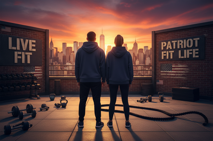 Two people wearing navy blue hoodies standing on a rooftop gym floor at sunset, facing a city skyline. The scene includes dumbbells, kettlebells, battle ropes, brick walls with 'LIVE FIT' and 'PATRIOT FIT LIFE' signage, and a dramatic orange sky.