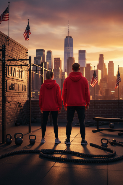Two people in matching red hoodies stand on a rooftop gym overlooking a city skyline at sunset, with kettlebells, battle ropes, and American flags visible.