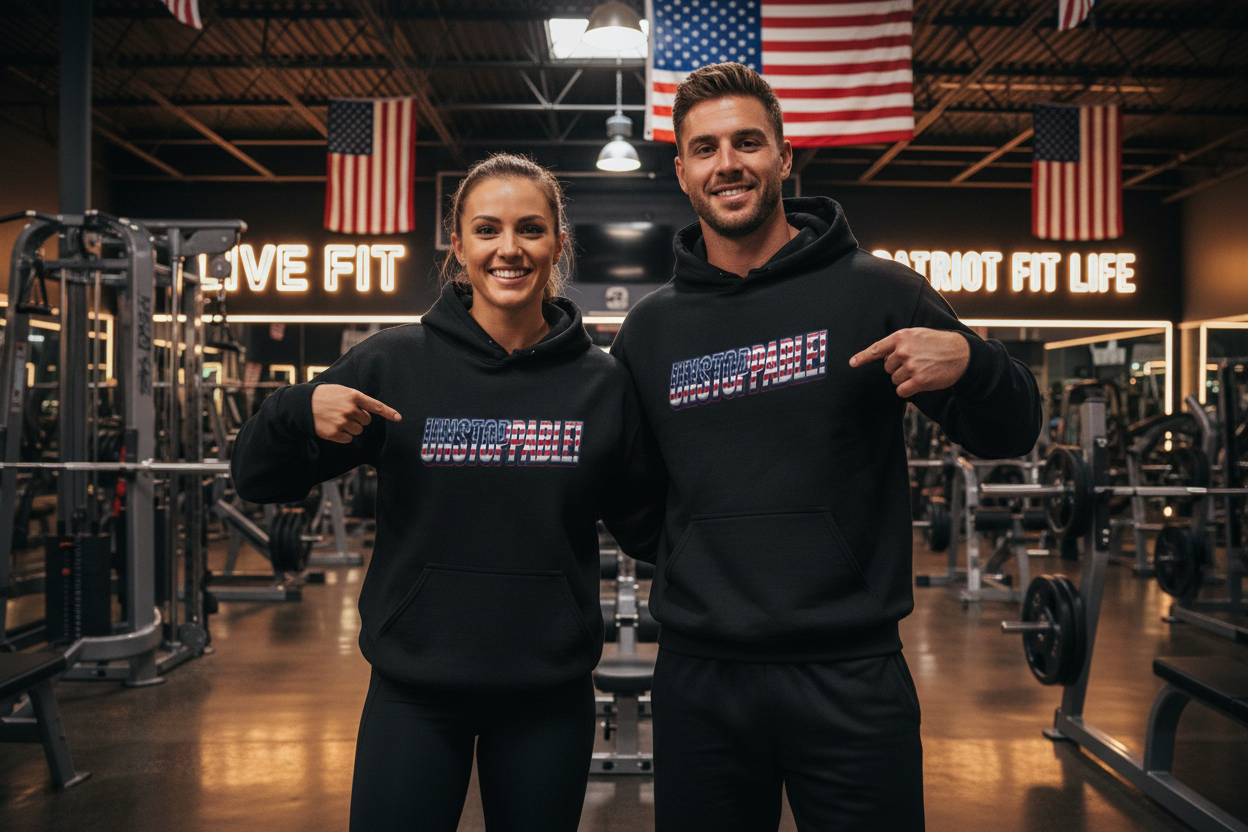 A man and a woman standing in a gym, both wearing matching black hoodies with a patriotic chest graphic that reads 'UNSTOPPABLE!' in red, white, and blue.