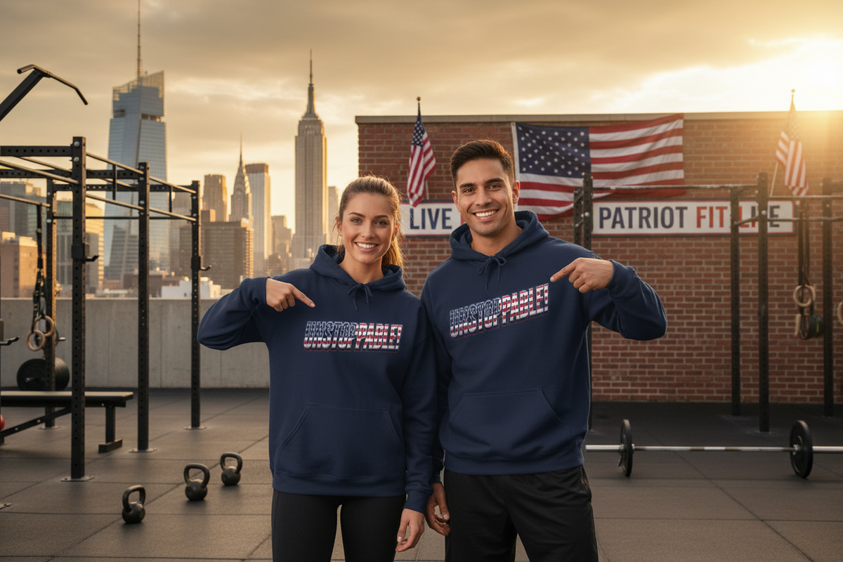 A man and a woman standing on an outdoor gym rooftop at sunset, both wearing matching navy blue hoodies with a patriotic red, white, and blue UNSTOPPABLE! text graphic on the chest. The background features a brick wall with American flags, a sign reading 'PATRIOT FIT LIFE,' and a city skyline in the distance.