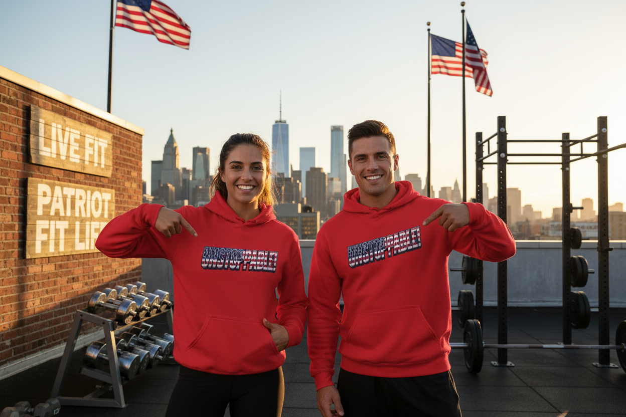 A man and a woman are standing on a rooftop gym with a city skyline at sunset, wearing matching red hoodies with a patriotic American flag UNSTOPPABLE! graphic across the chest. American flags fly on poles behind them, and exercise equipment, including dumbbells and weight racks, is visible.