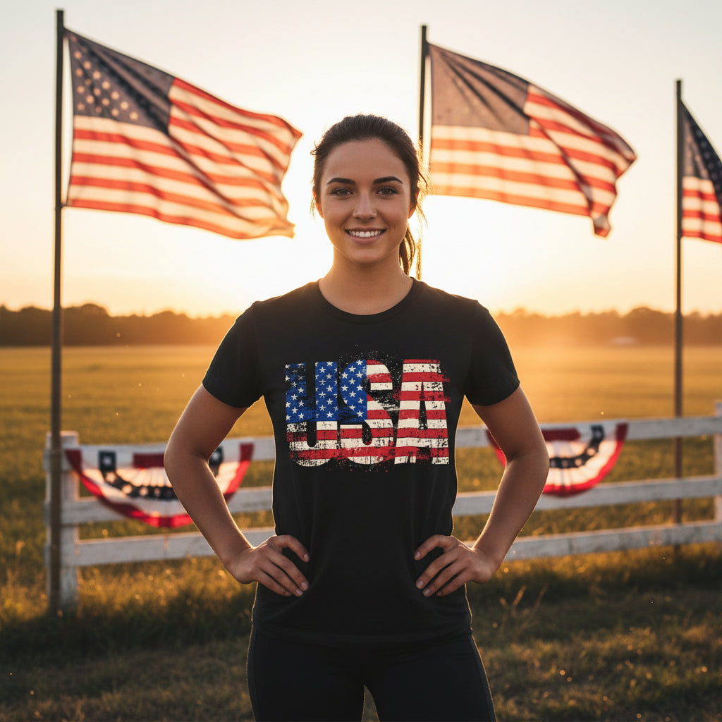 Woman wearing a black t-shirt with 'USA' design in front of American flags at sunset.