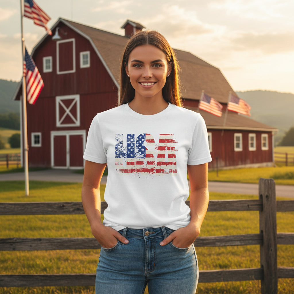Female wearing a white t-shirt with USA American flag design against a scenic background of a lake and mountains.