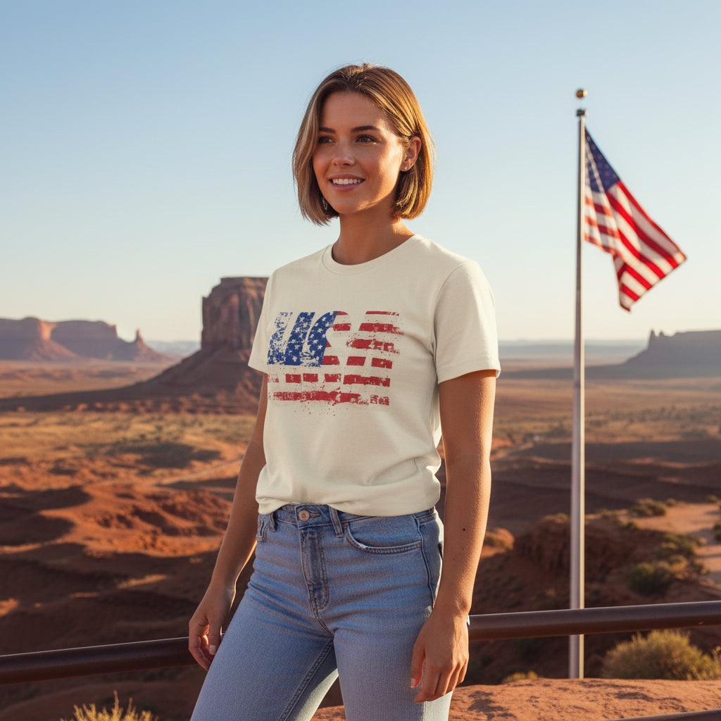 A woman wearing a t-shirt with a USA American flag design in a desert landscape with a flagpole and American flag in the background.