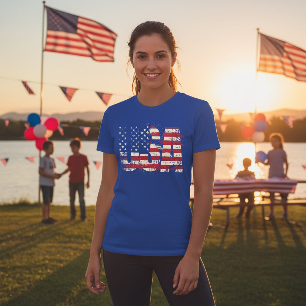 A woman wearing a blue t-shirt with a USA American flag design, standing outdoors with flags and balloons in the background.