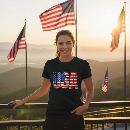 Black t-shirt with USA flag design on a scenic background