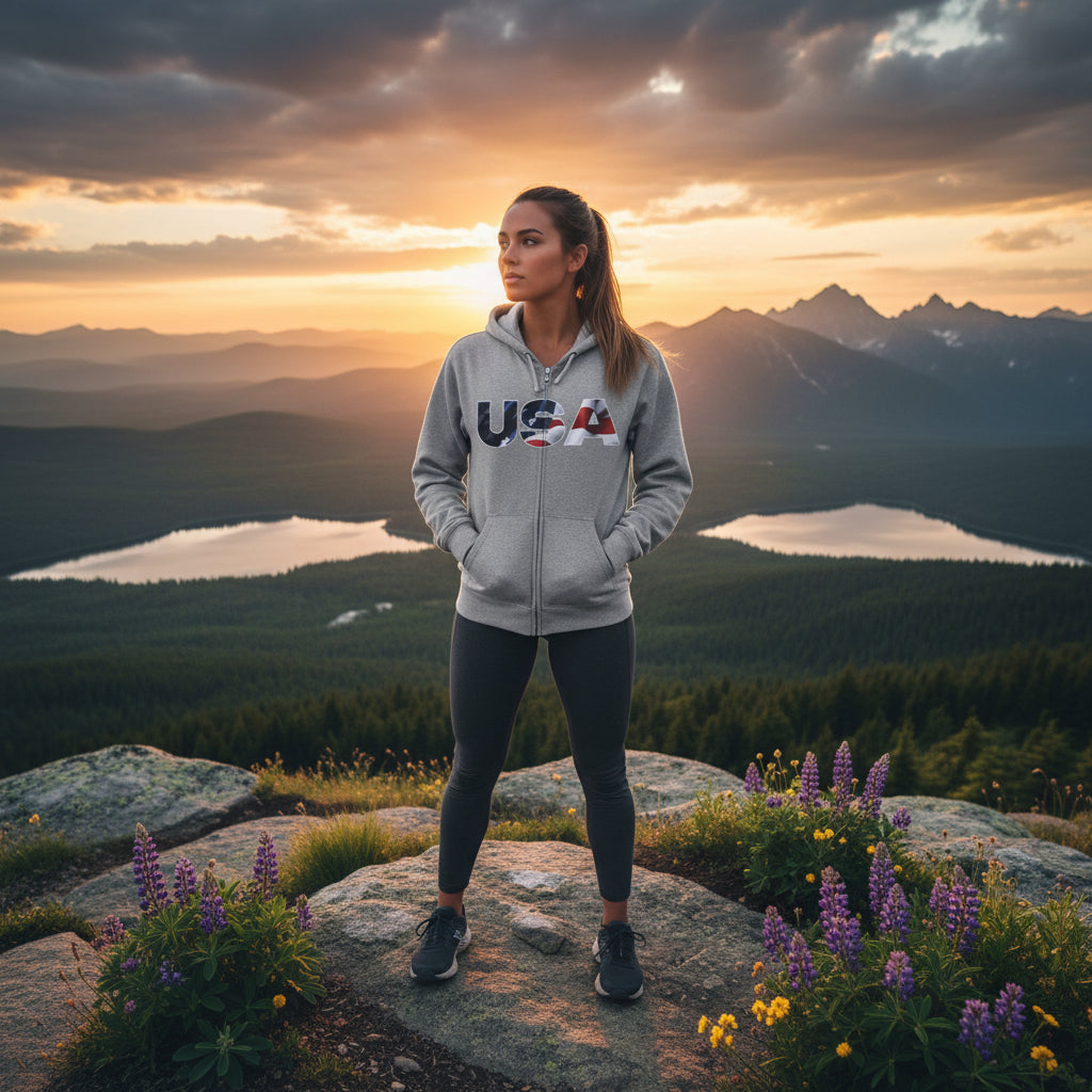 Woman in a 'USA' hoodie standing on a mountain top with a scenic sunset view.