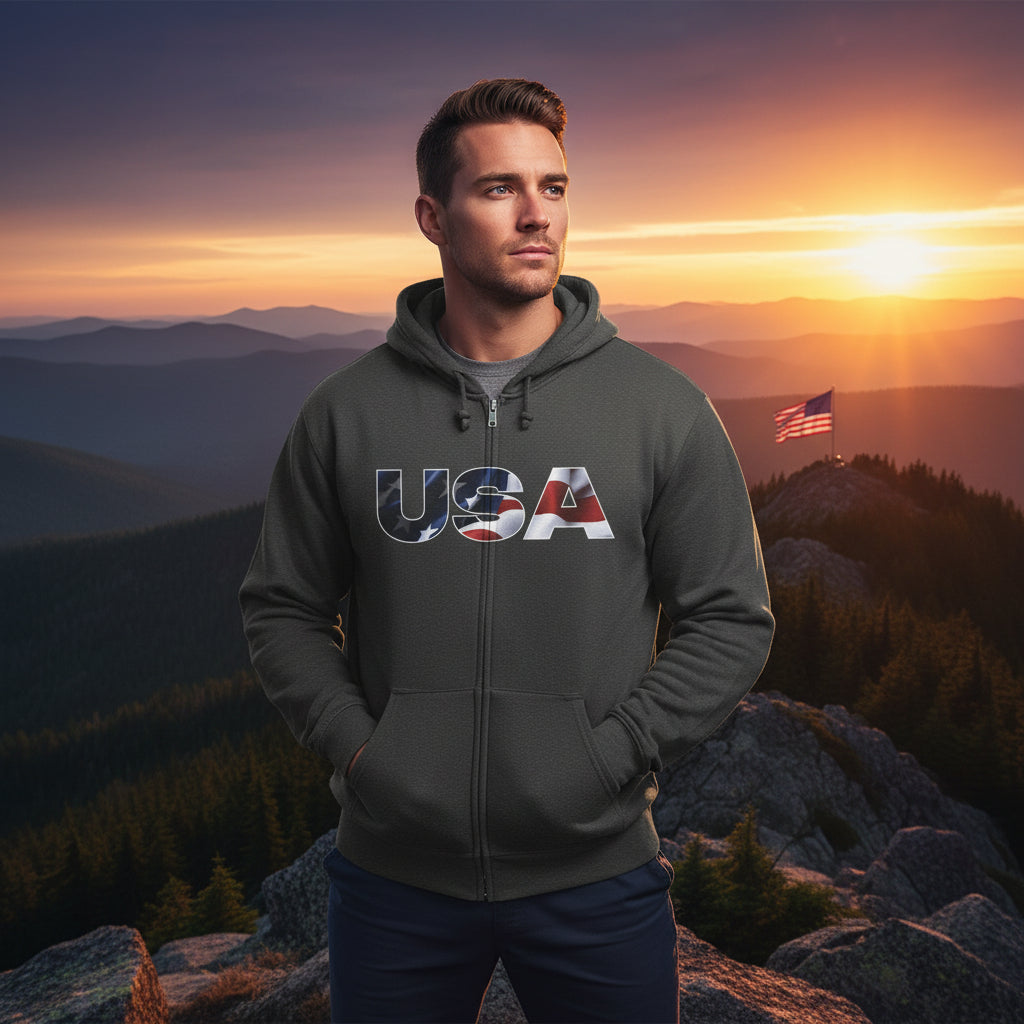 Gray zip-up hoodie with 'USA' design. 