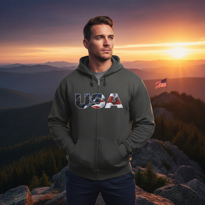 Gray zip-up hoodie with 'USA' design. 
