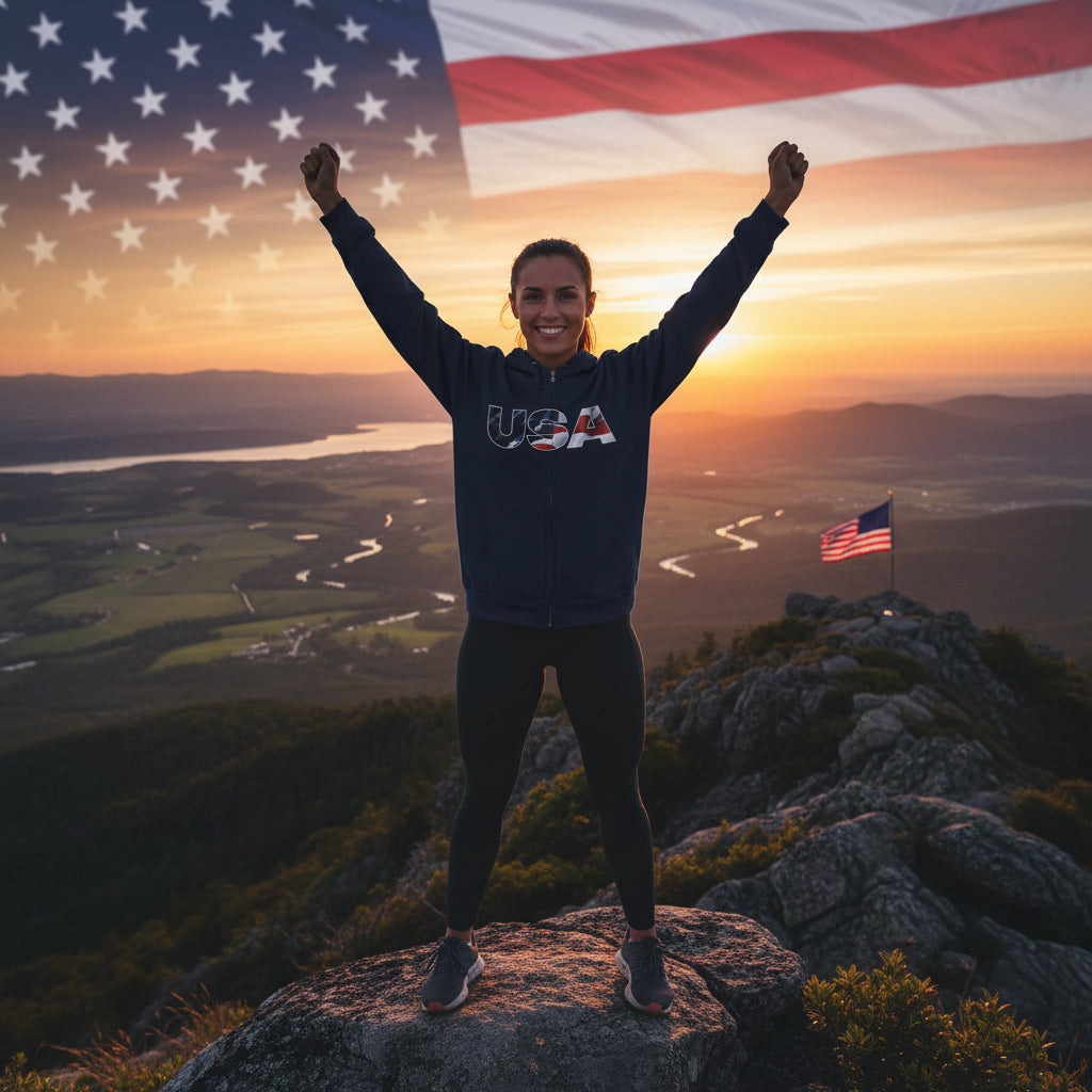 A woman wearing a 'USA' hoodie on a mountain with an American flag and sunset in the background.