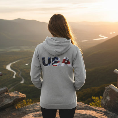Gray zip-up hoodie sweatshirt with 'USA' design. 